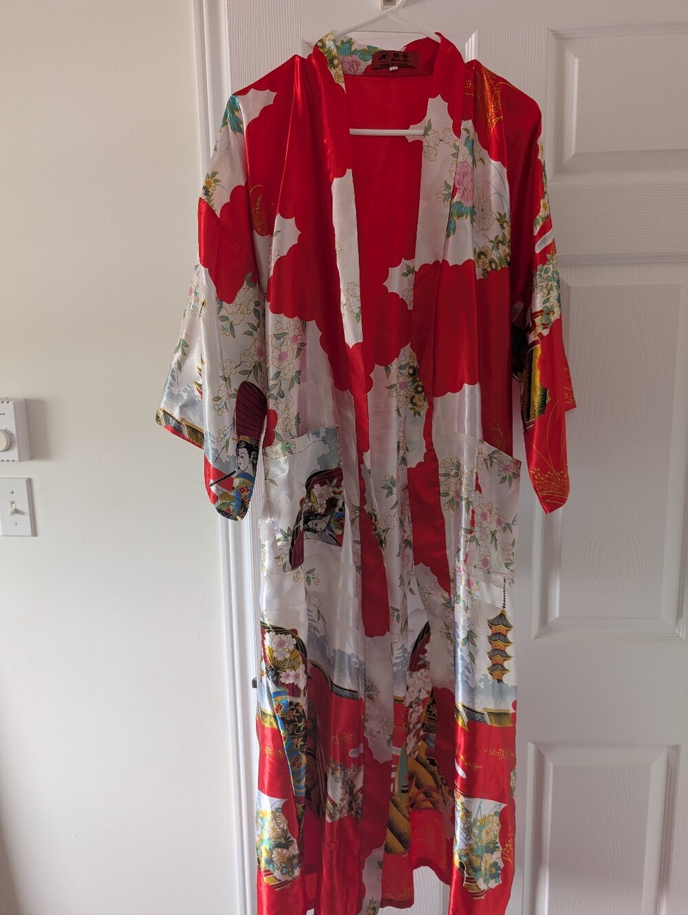 Red & White Satin Kimono Robe